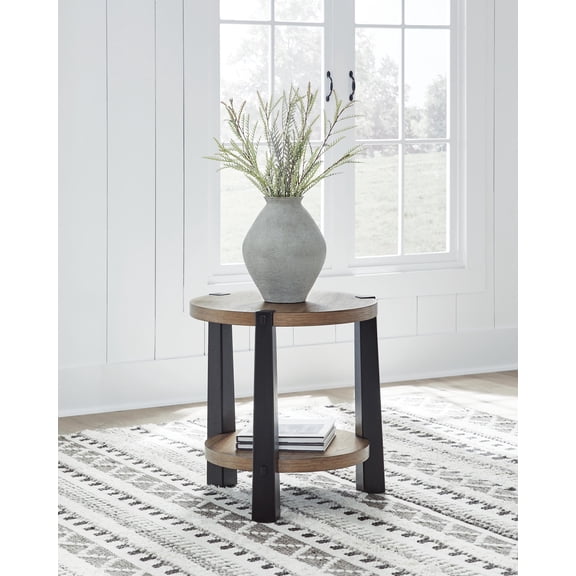 Signature Design by Ashley Ridgester Round End Table, Rustic Wood and Black, 2-Tier Accent Table