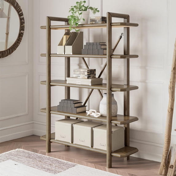Signature Design by Ashley Roanhowe Bookcase, Brown Oak Finish, Solid Wood Frame, Mid-Century Modern 5-Shelf Display