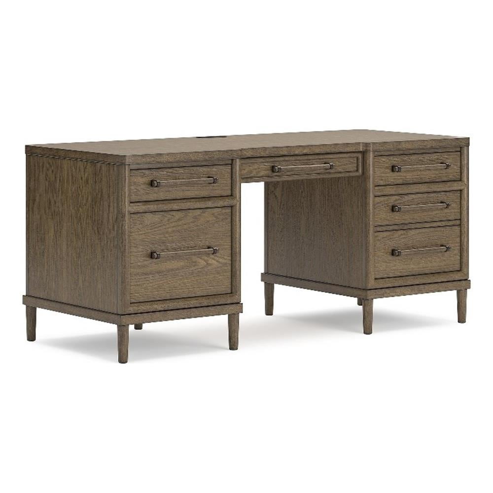 Brown Oak 68" Home Office Desk with Power Outlet and Filing Cabinet