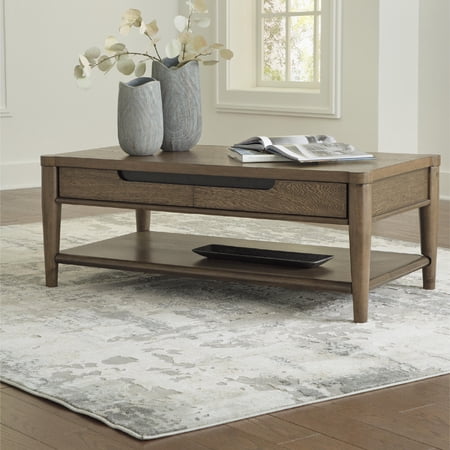 Signature Design by Ashley Roanhowe Rectangular Coffee Table, Brown, Mid-Century Modern Cocktail Table with Storage Drawers and Shelf