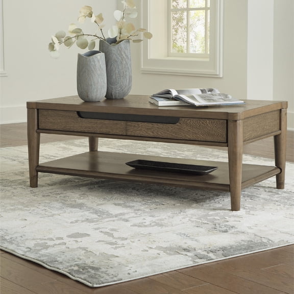 Signature Design by Ashley Roanhowe Rectangular Coffee Table, Brown, Mid-Century Modern Cocktail Table with Storage Drawers and Shelf