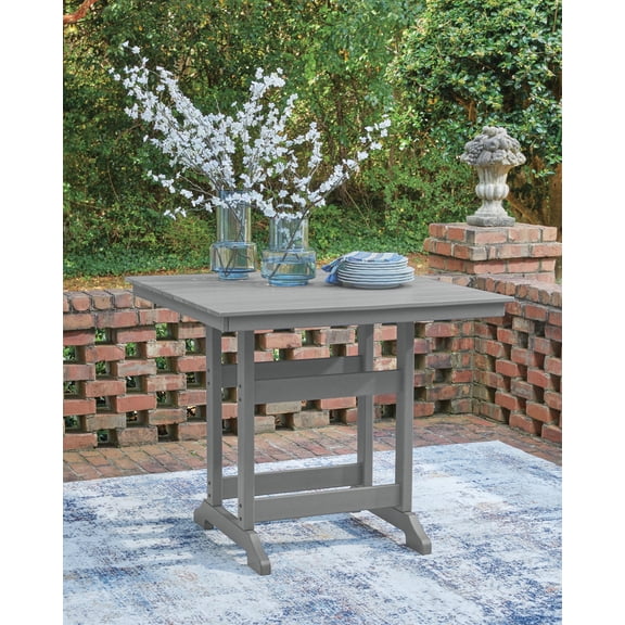 Signature Design by Ashley Ross Cove Outdoor Counter Height Dining Table, Dark Gray, Square Patio Table with Umbrella Hole and HDPE Slatted Top