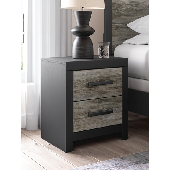 Signature Design by Ashley Ryderton Two Drawer Nightstand, Black and Gray Two-Tone Wood Look Bedside Table
