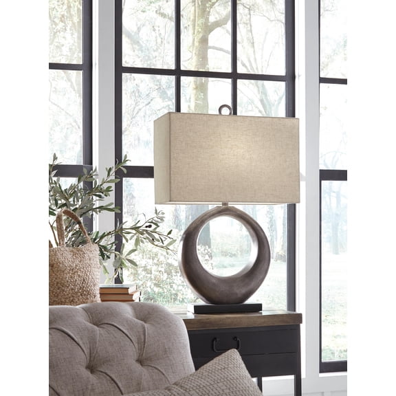 Signature Design by Ashley Saria Metal Table Lamp, Antique Silver Finish, Modern Sculptural Lamp with Open Ring Base and Rectangular Shade