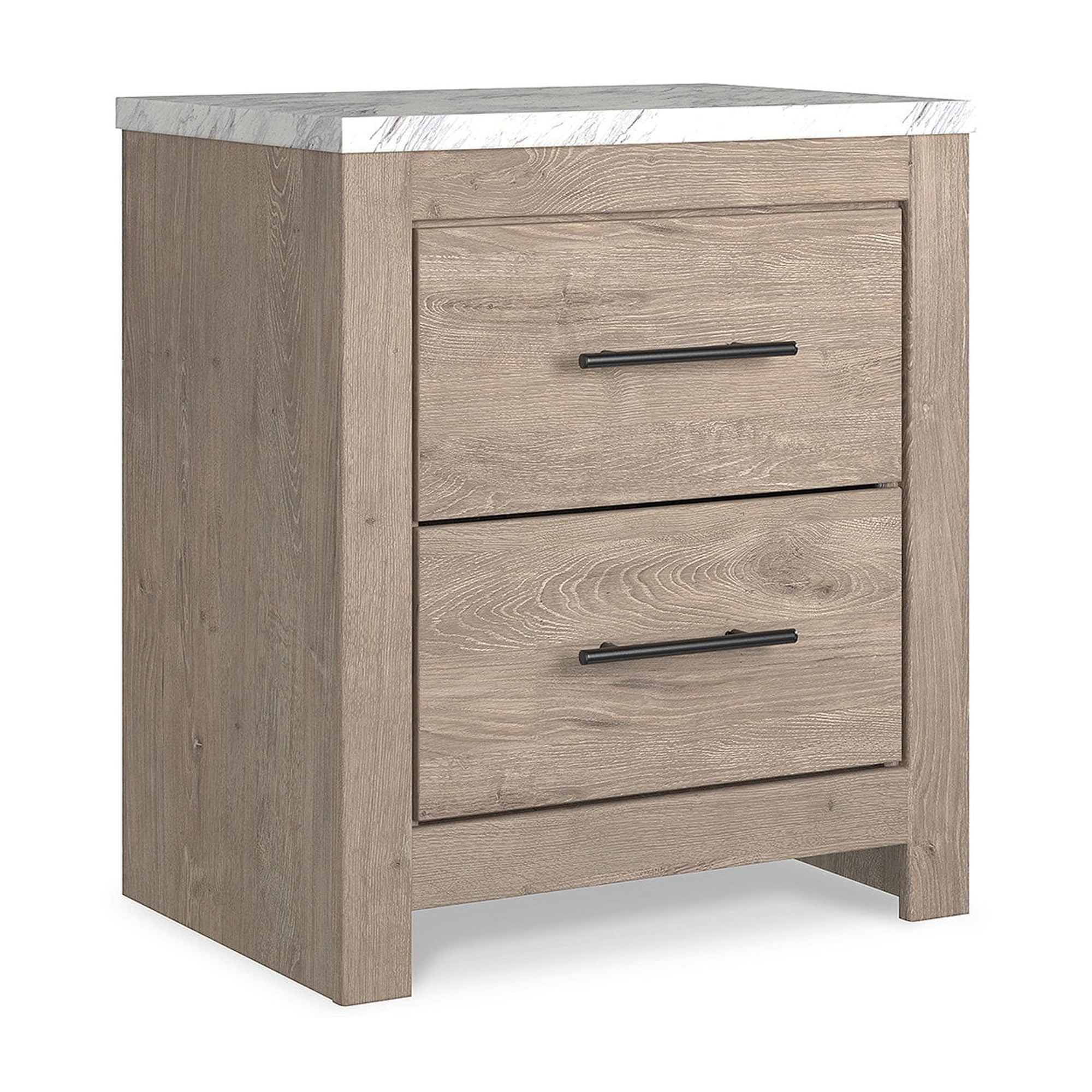 Light Brown and White Faux Marble Top 2-Drawer Nightstand