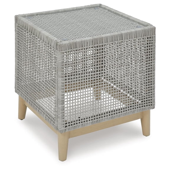 Signature Design by Ashley Seton Creek Contemporary Chic Outdoor All-Weather Resin Wicker End Table with Tempered Glass Tabletop, Gray & Light Brown
