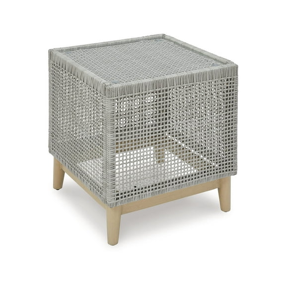 Signature Design by Ashley Seton Creek Contemporary Chic Outdoor All-Weather Resin Wicker End Table with Tempered Glass Tabletop, Gray & Light Brown