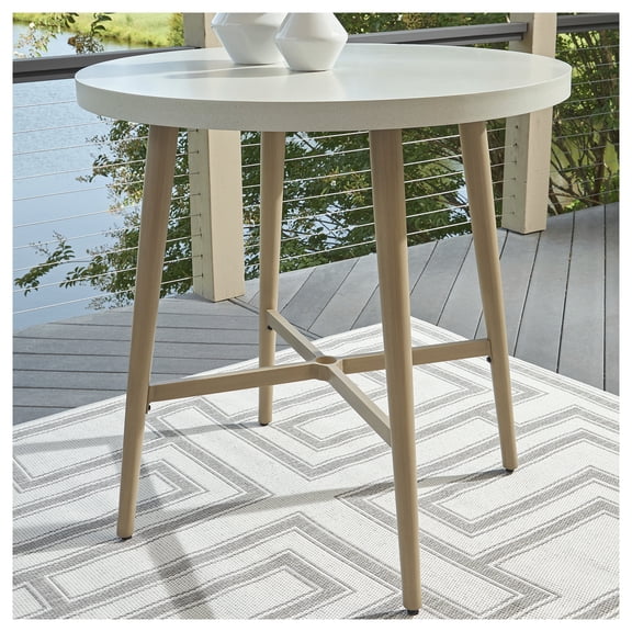 Signature Design by Ashley Seton Creek Outdoor Round Bar Table with Umbrella Hole, Stone-Look Top, Beige