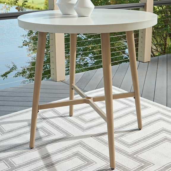Signature Design by Ashley Seton Creek Outdoor Round Bar Table with Umbrella Hole, Stone-Look Top, Beige