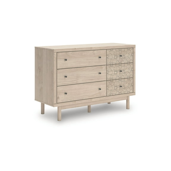 Signature Design by Ashley Birkmore 6-Drawer Dresser, Light Oak Finish with Floral Accents, Tan