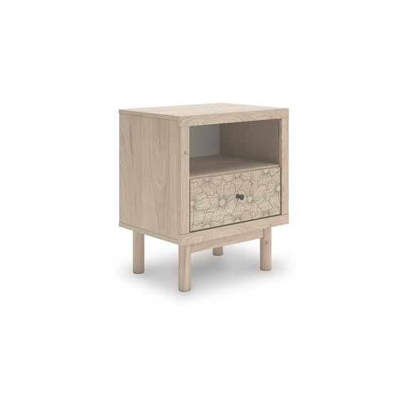 Signature Design by Ashley Birkmore One Drawer Nightstand with USB Charging Port, Light Oak Finish, Floral Accent Drawer, Tan