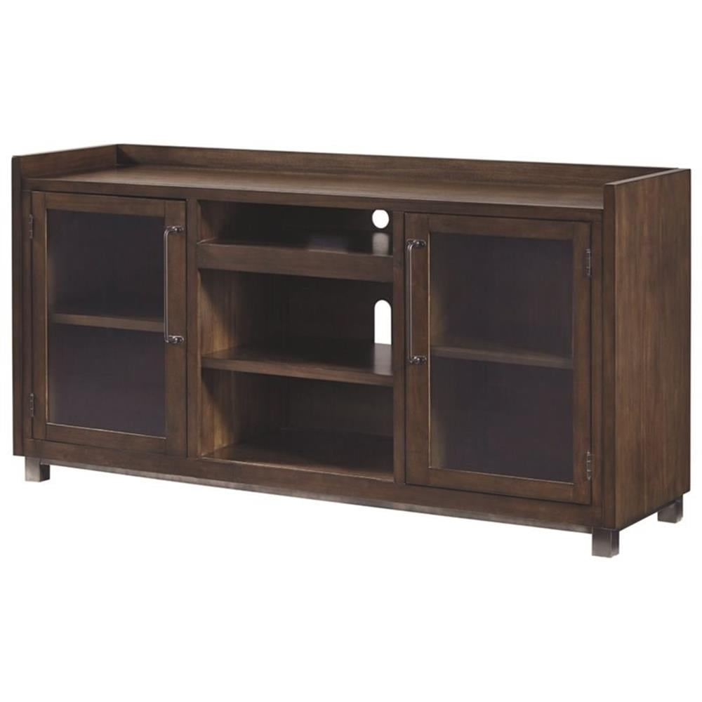 Brown Acacia Veneer TV Stand with Fireplace and Cabinets