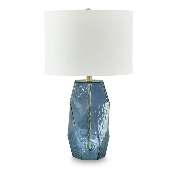 Signature Design by Ashley Tallow Glass Table Lamp, Blue Faceted Base, 18" Tall, Modern Drum Shade