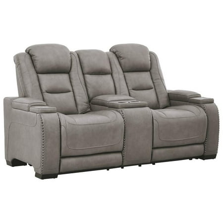 Signature Design by Ashley The Man-Den Leather Power Reclining Loveseat in Gray