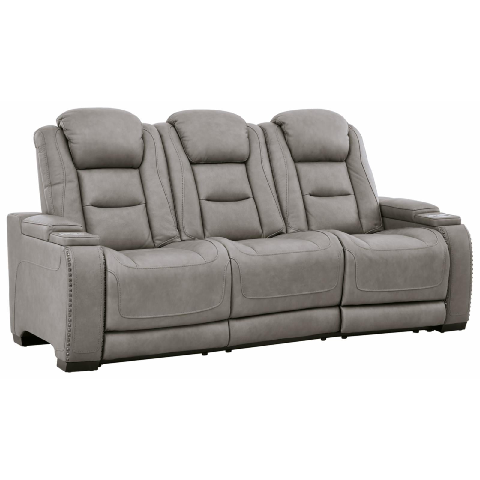 Gray Faux Leather Power Reclining Sofa with Cup Holders