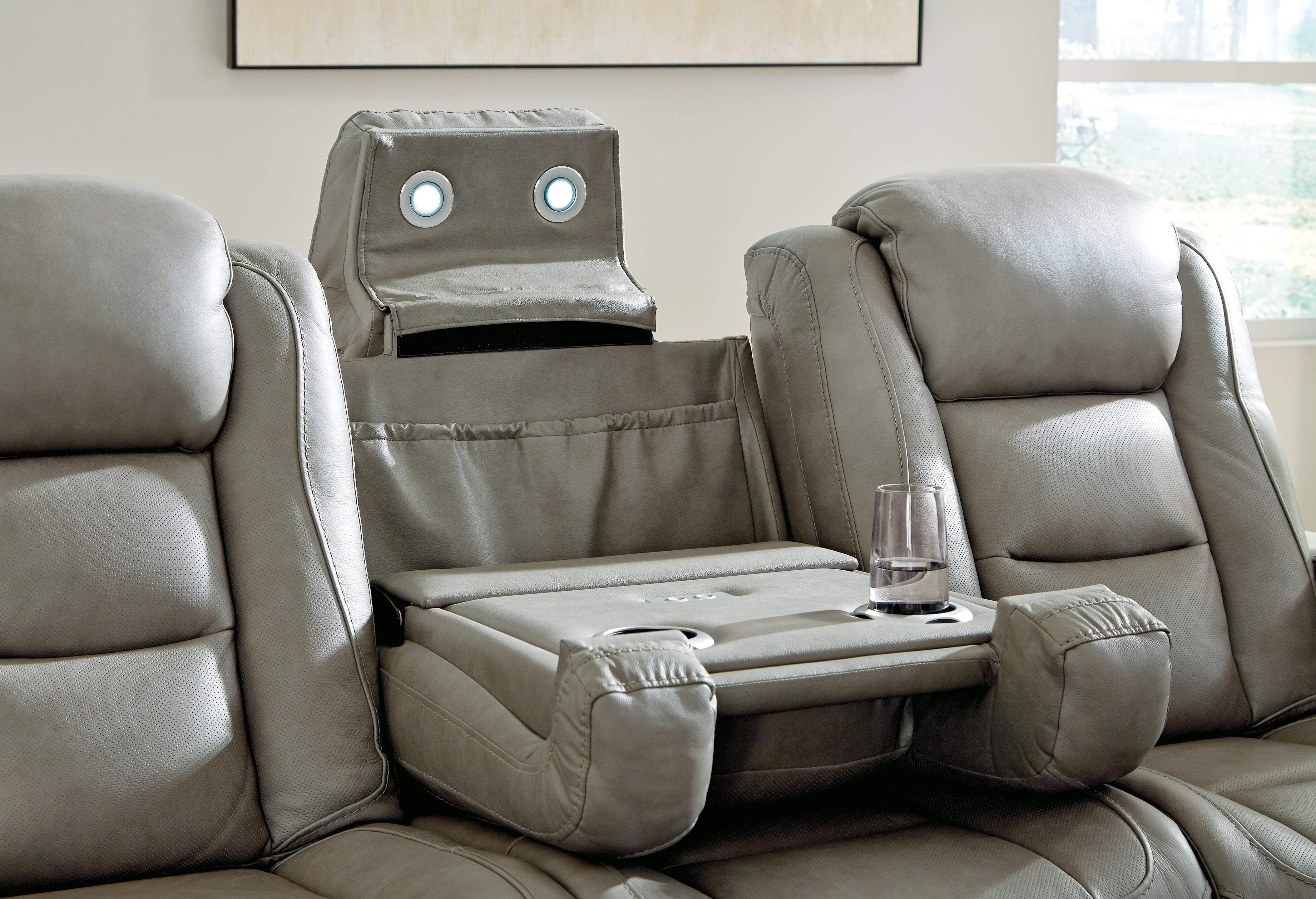 Gray Faux Leather Power Reclining Sofa with Cup Holders