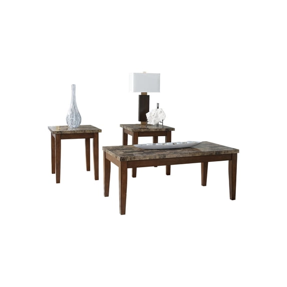 Signature Design by Ashley Theo Contemporary Faux Marble 3-Piece Occasional Table Set, Includes Coffee Table and 2 End Tables, Brown