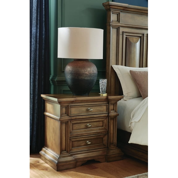 Signature Design by Ashley Thoridan 3-Drawer Nightstand, Brown, Traditional Wood Bedside Table with USB Charging Ports and Power Outlets