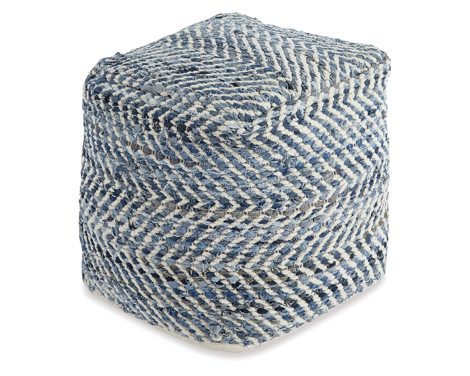 Contemporary Blue Denim Woven Pouf Ottoman 18"