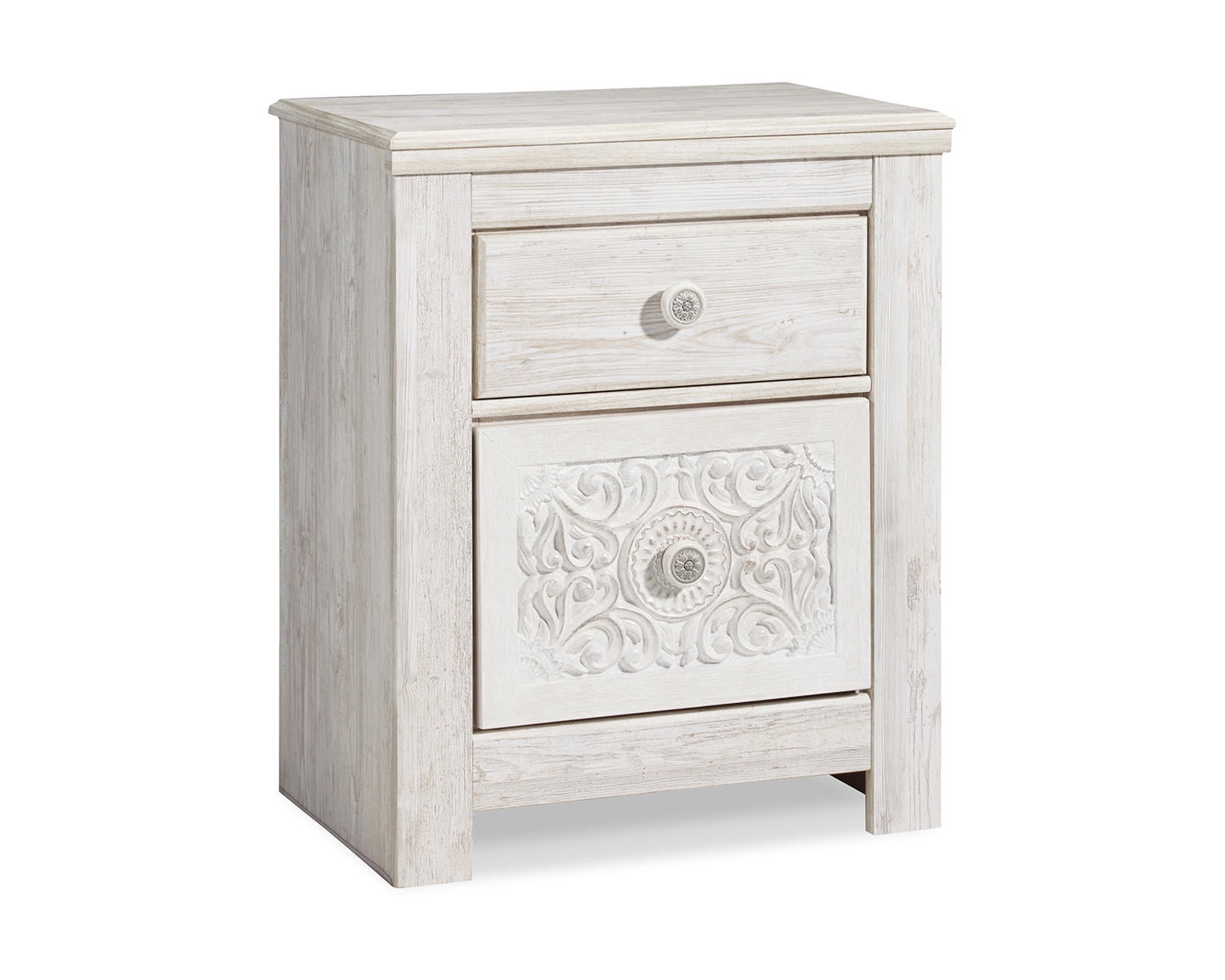 Charming French Country Whitewash 2-Drawer Nightstand with USB Charging
