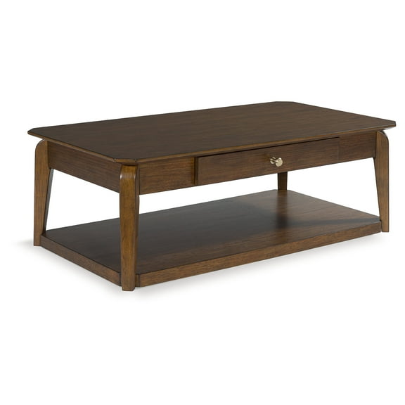 Signature Design by Ashley Trenmour Mid-Century Modern Rectangular Coffee Table with Storage Drawer, Casters & Shelf, Brown