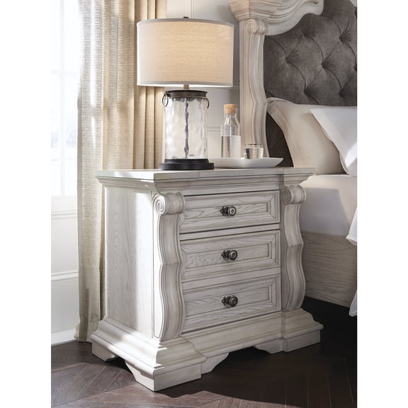 Signature Design by Ashley Valleymont Three Drawer Nightstand with USB Charging and Pull-Out Tray, Antique White Finish