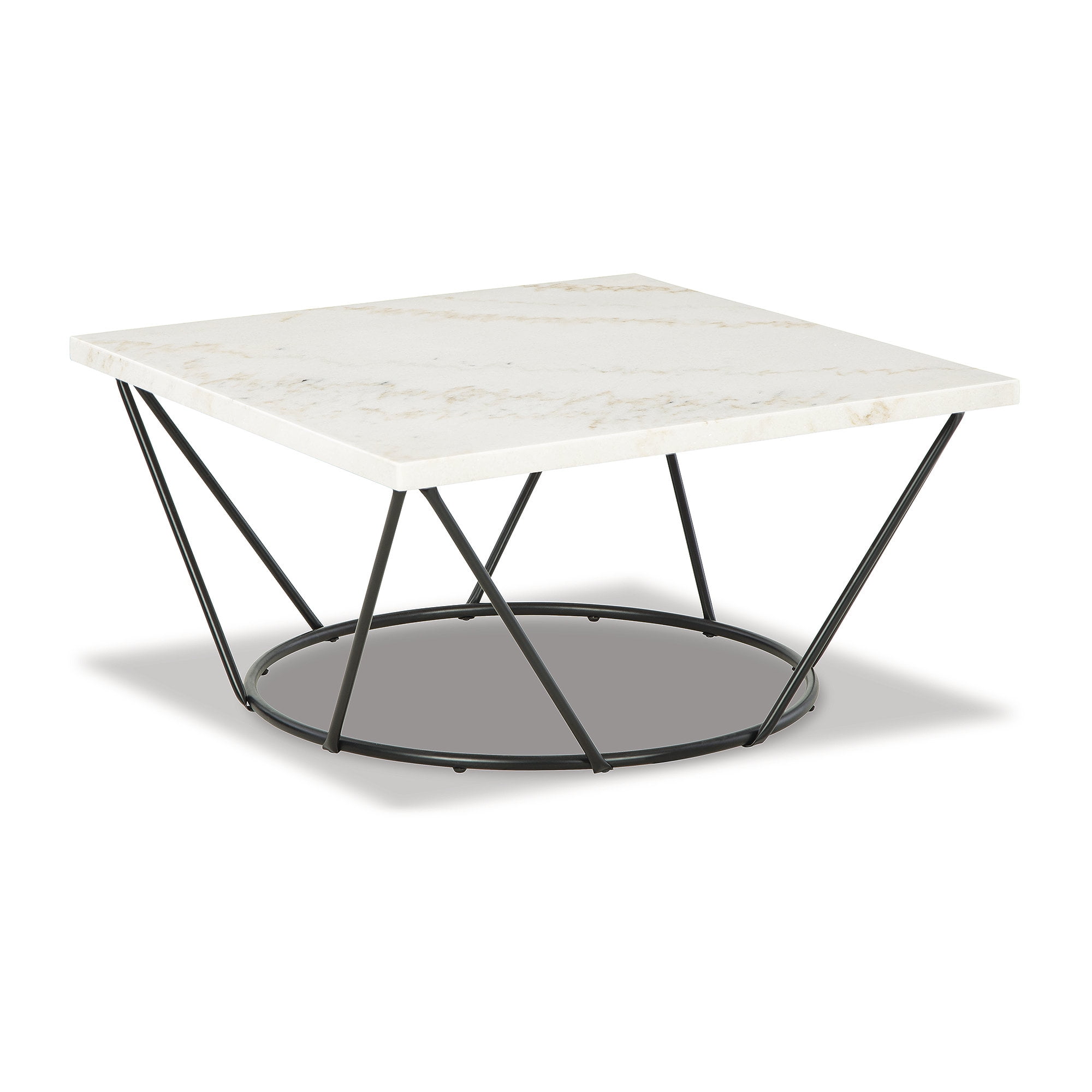 Contemporary Vancent 36" White Marble Square Coffee Table with Black Metal Frame