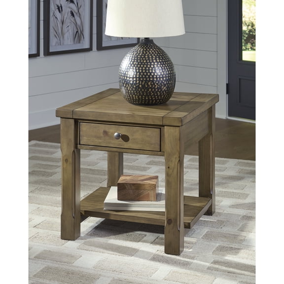 Signature Design by Ashley Vandenmore Rectangular End Table with Drawer and Lower Shelf, Medium Brown Finish