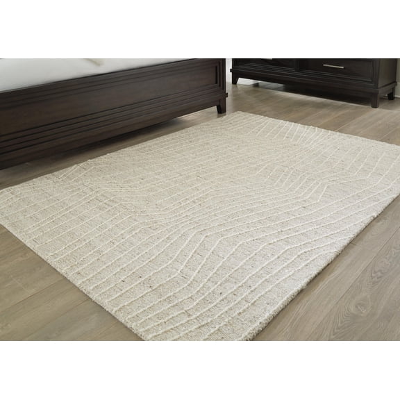 Signature Design by Ashley Varahill Area Rug, 5' x 7', Hand Tufted High-Low Pile, Abstract Linear Design, Gray & Ivory