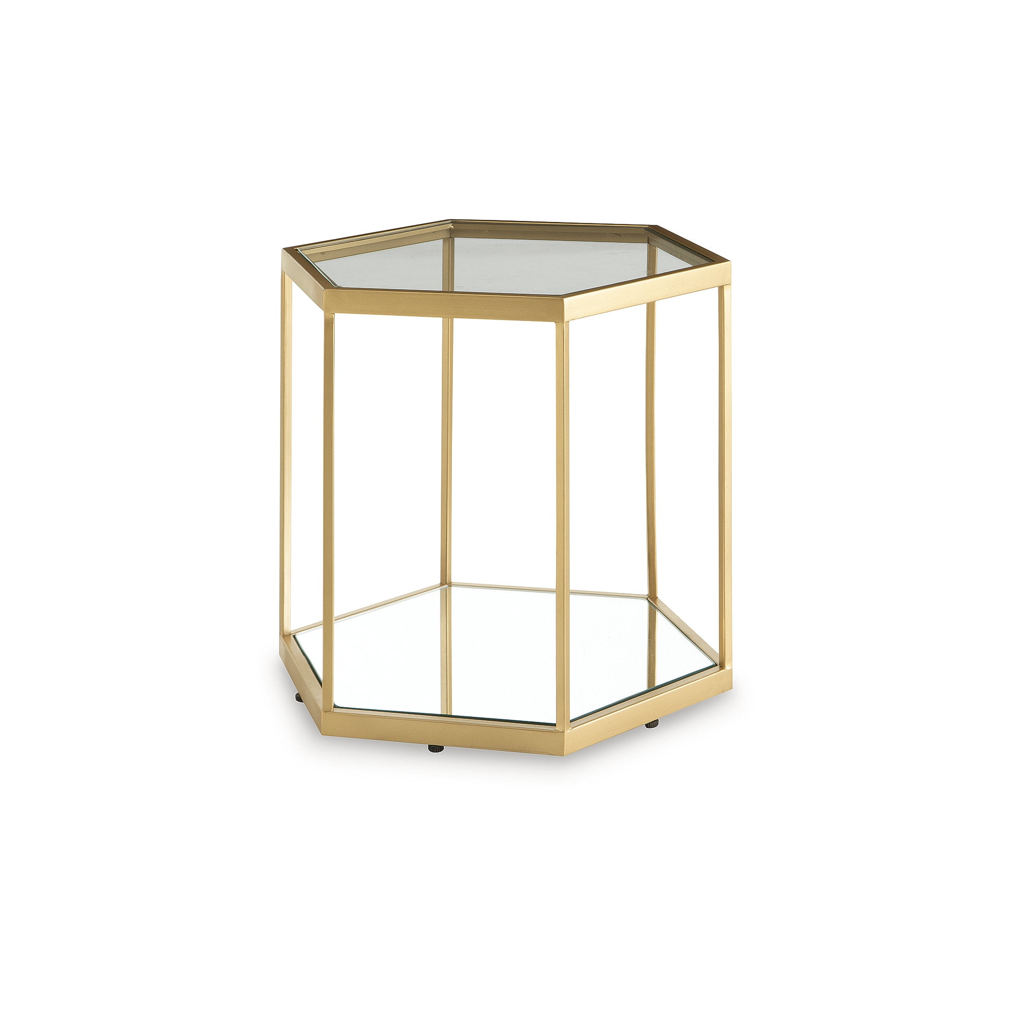Veerwick Gold Hexagonal Glass Accent Table with Mirrored Inset