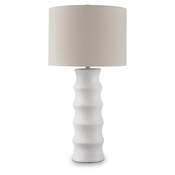 Signature Design by Ashley Veraleigh Poly Table Lamp, Scalloped White Base with Drum Shade