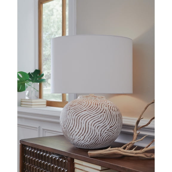 Signature Design by Ashley Vien Terracotta Table Lamp, Distressed White, Textured Accent Lamp with Fabric Drum Shade and 3-Way Switch