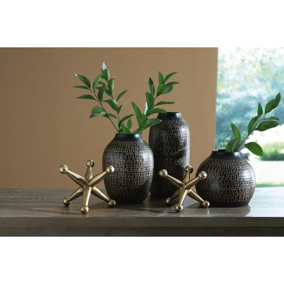 Signature Design by Ashley Vinburn 5-Piece Decorative Accessory Set, Modern Metal Vases and Sculptures, Matte Black and Goldtone