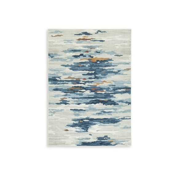 Signature Design by Ashley Vinlett Contemporary Washable Area Rug, 5' x 7', Abstract Cream/Blue/Brown Pattern
