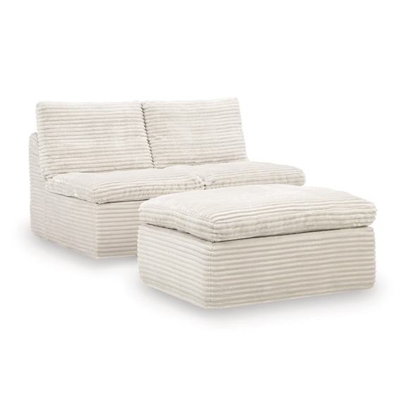 Signature Design by Ashley Vough Modular Armless Chair and Ottoman Set, Ivory White, Corduroy Upholstered Seating with Memory Foam Cushions