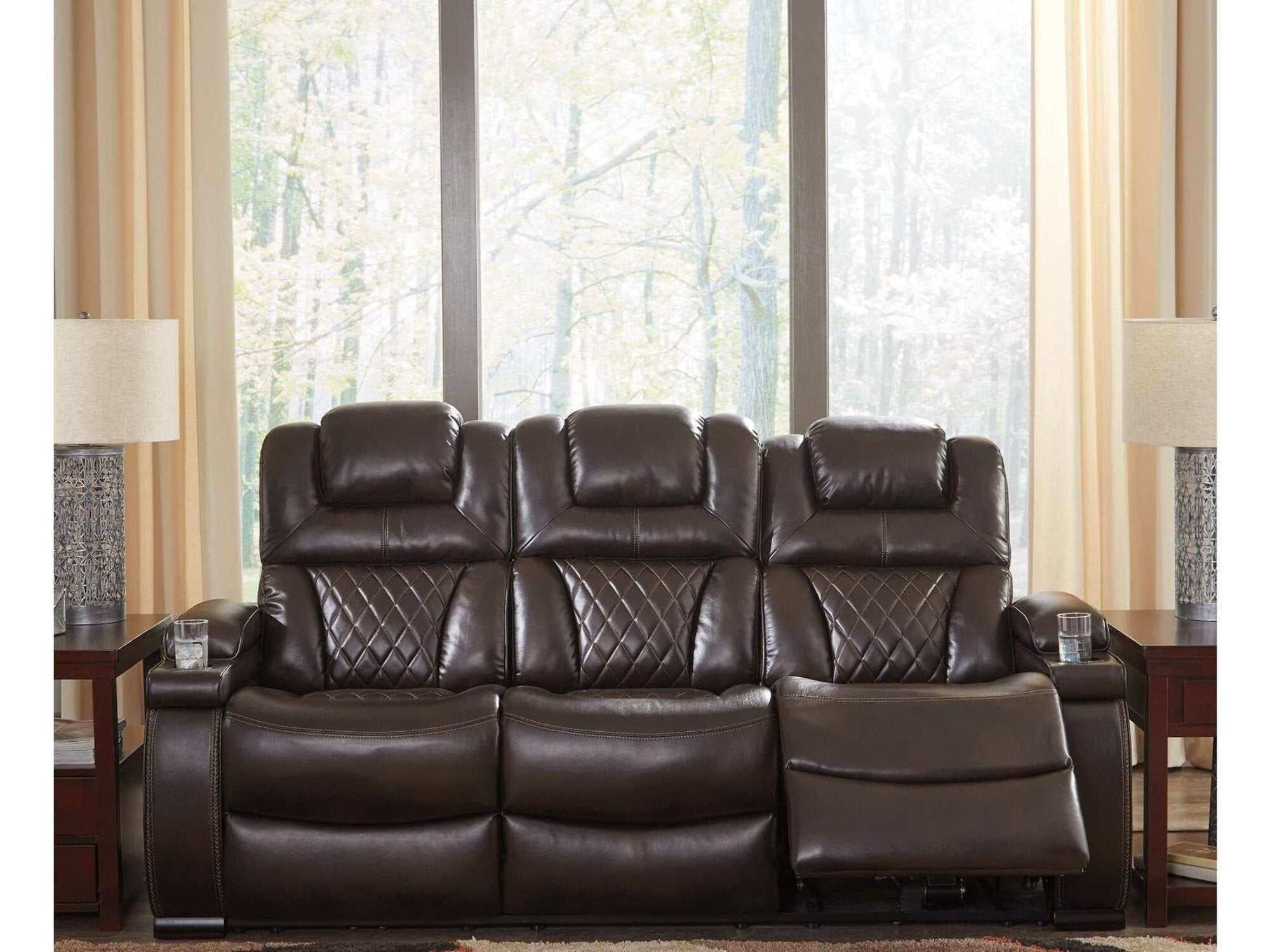 Brown Faux Leather Power Reclining Sofa with Storage and Cup Holders