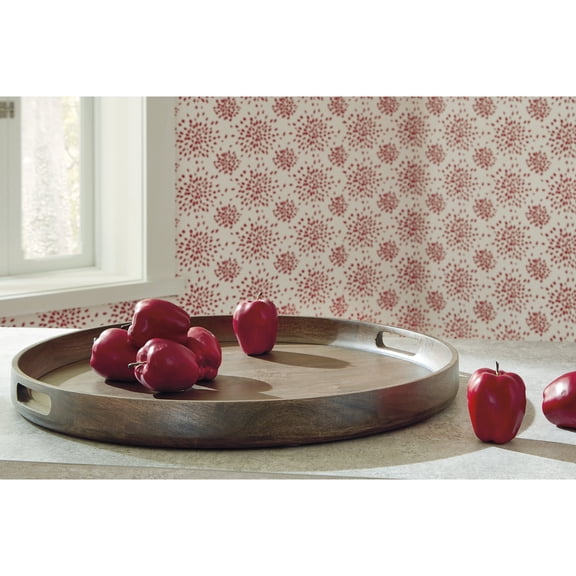 Signature Design by Ashley Webbworth Round Wooden Serving Tray, Grayish Brown Finish with Handles