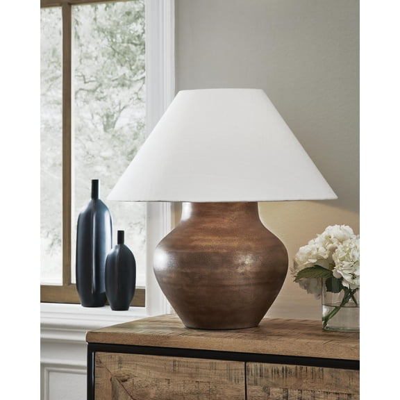Signature Design by Ashley Whitham Metal Table Lamp, Antique Copper Finish, Casual Accent Lamp with Empire Fabric Shade and 3-Way Switch