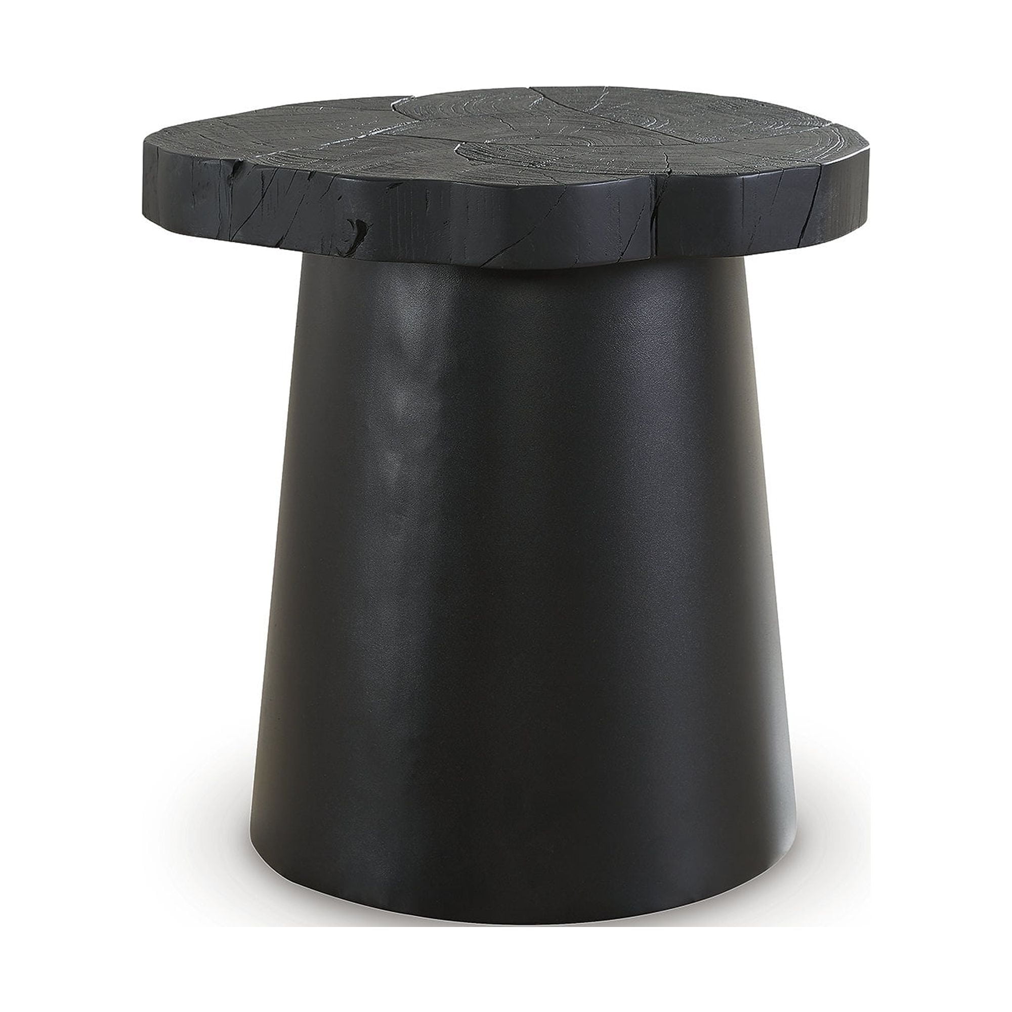 Black Round Wood and Metal Contemporary End Table