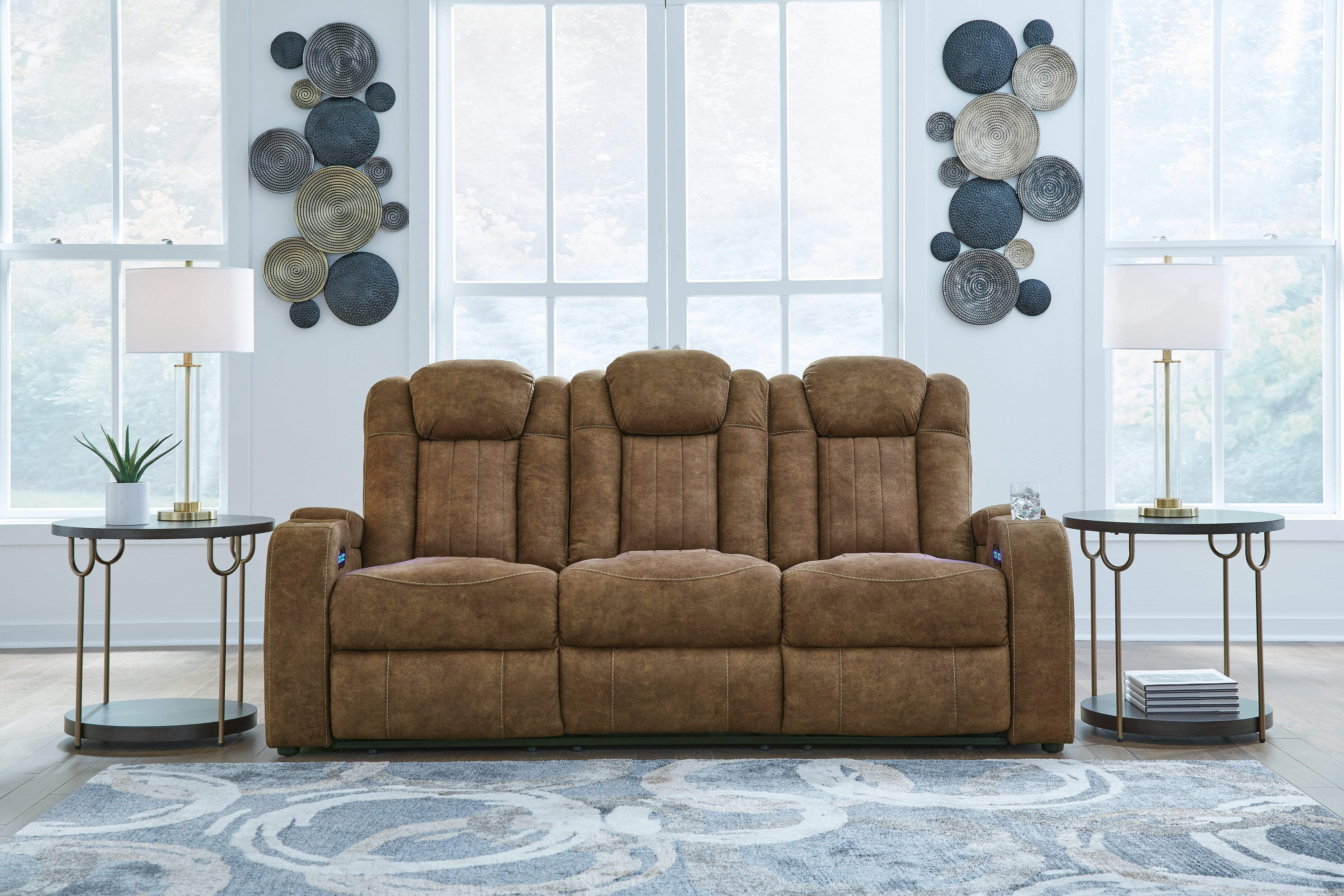 Brown Faux Leather Power Reclining Sofa with Storage