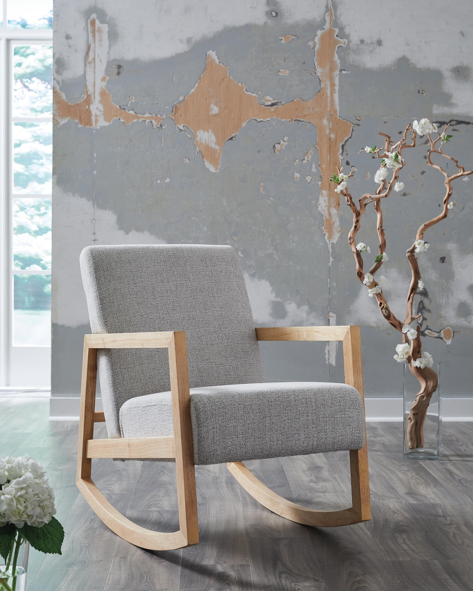 Signature Design by Ashley Wychworth Rocking Accent Chair, Gray/Natural, Upholstered Nursery Rocker with Wood Frame and Performance Fabric