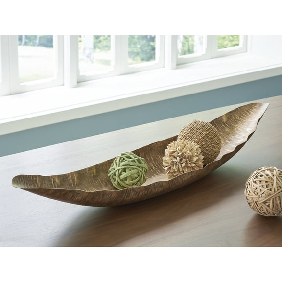 Signature Design by Ashley Wystenburg Decorative Metal Tray, Antiqued Gold Finish with Curved Design