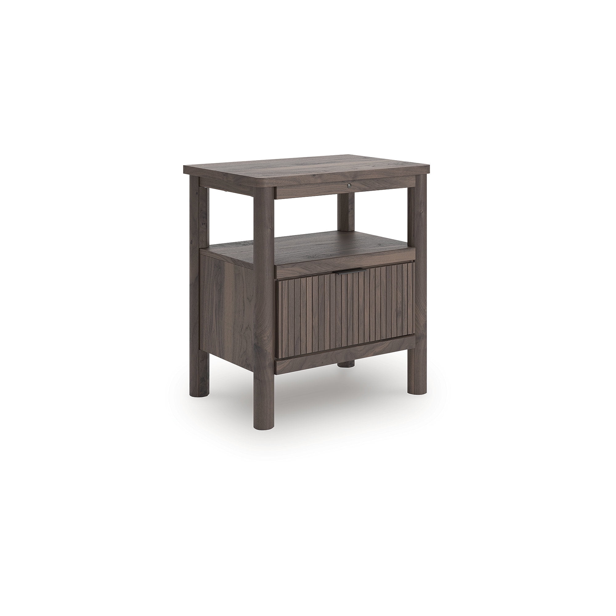 Signature Design by Ashley Cadmori One Drawer Nightstand - Rich Brown Walnut Finish, USB-A & USB-C Charging, Ambient Lighting, Reeded Accents