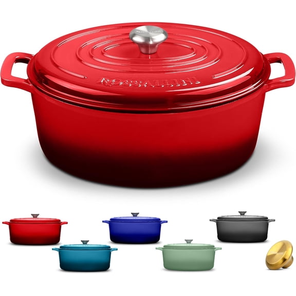 Signature Enameled Cast Iron Oval Dutch Oven Non-Stick Serving Pot with Tight Fitting Lid for Perfect Roasting Baking Sauteing and Bread Making 5Q Red