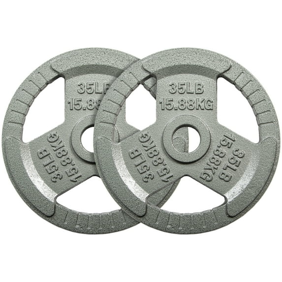 Signature Fitness 2-Grip Olympic Cast Iron Weight Plates, 2-Inch Hole, 2.5LB–45LB, Black with Silver Lettering