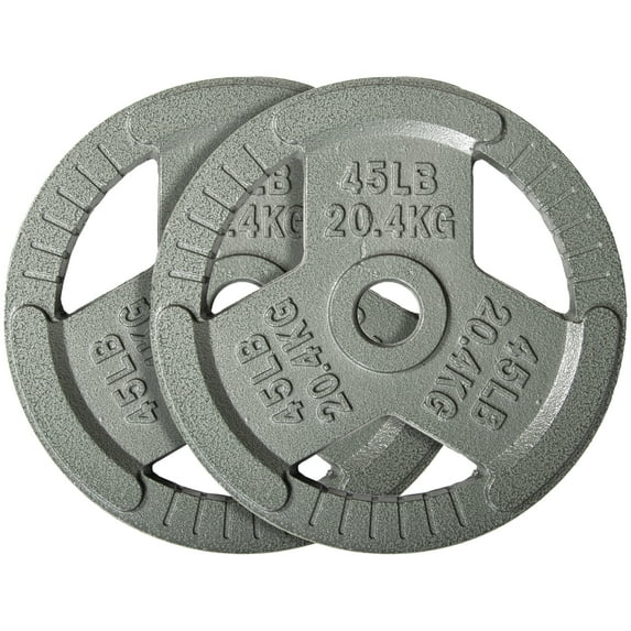 Signature Fitness 2-Grip Olympic Cast Iron Weight Plates, 2-Inch Hole, 2.5LB–45LB, Black with Silver Lettering