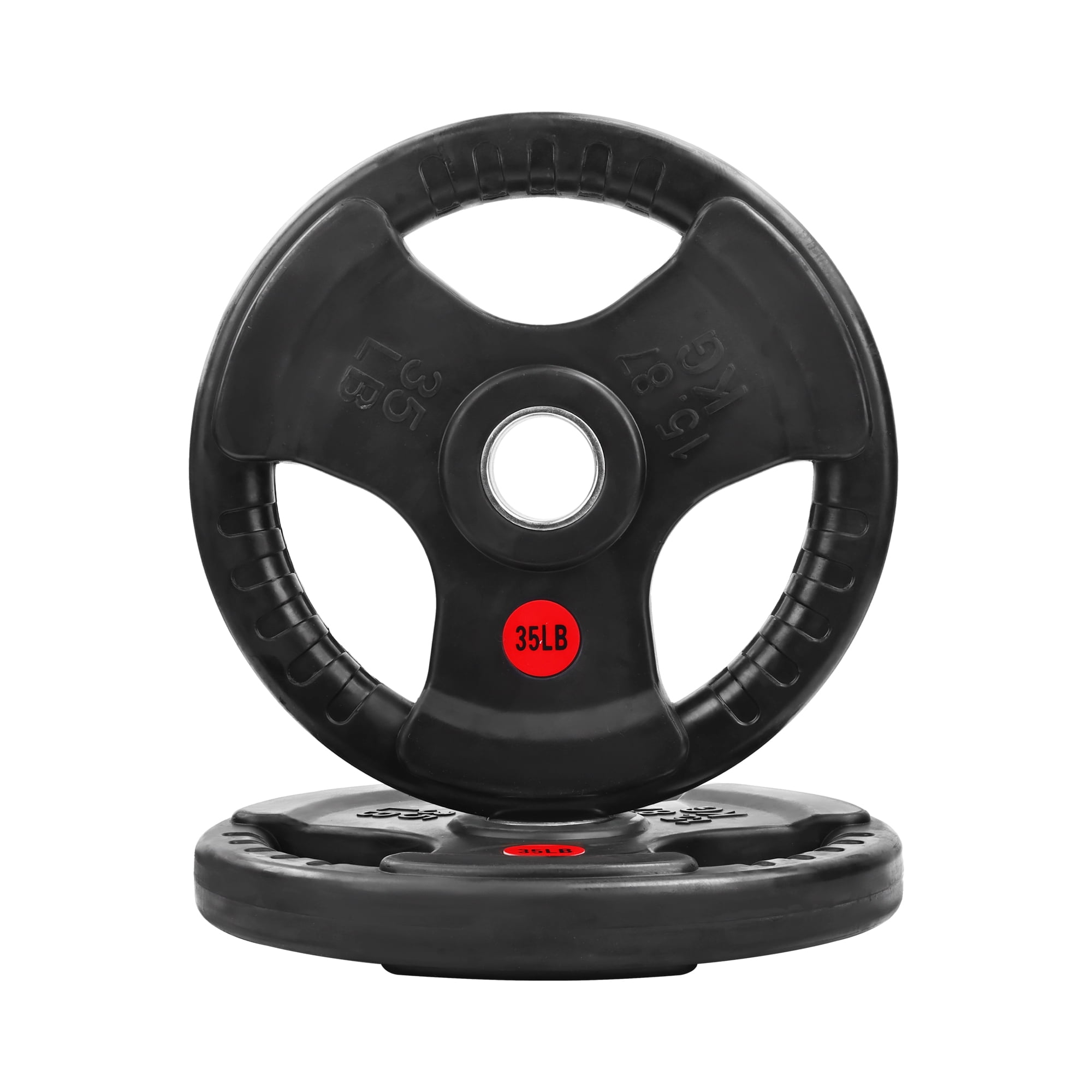 Signature Fitness 3-Grip Olympic Rubber Weight Plates, 2.5LB–45LB, Black with Red Label, Pair or 4-Pack