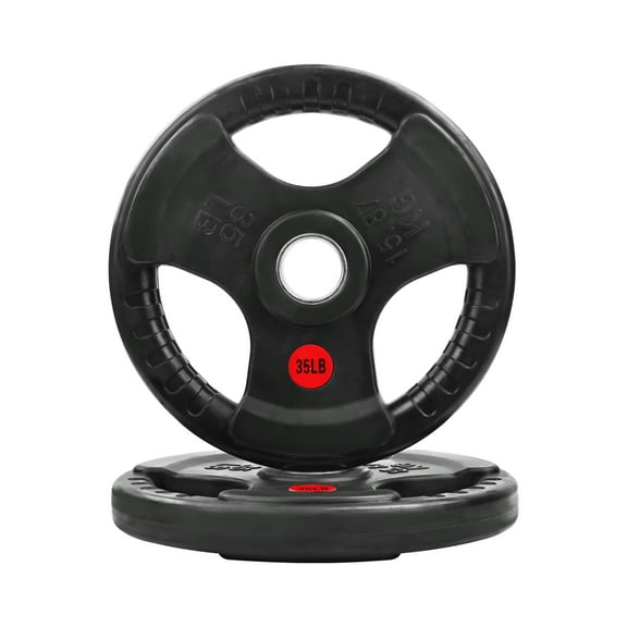 Signature Fitness 3-Grip Olympic Rubber Weight Plates, 2.5LB–45LB, Black with Red Label, Pair or 4-Pack