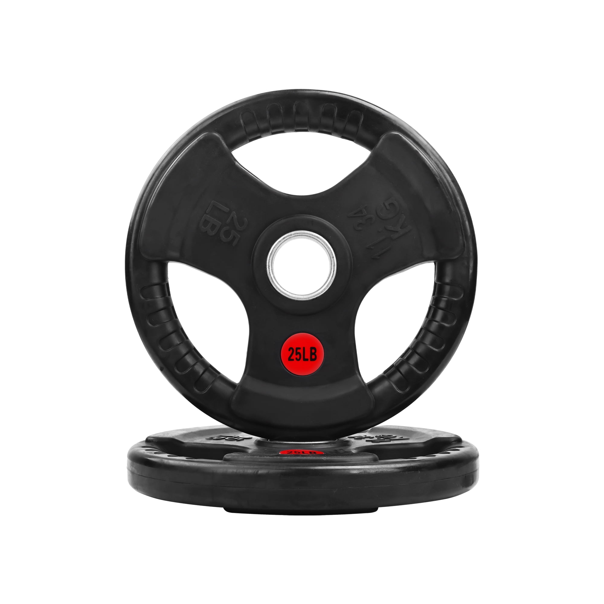 Signature Fitness 3-Grip Olympic Rubber Weight Plates, 2.5LB–45LB, Black with Red Label, Pair or 4-Pack