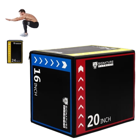 Signature Fitness 3-in-1 Foam Plyometric Jump Box, Adjustable Height 16/20/24 Inch, Anti-Slip Surface, Easy to Clean, for Home Gym Training, Multi-Color